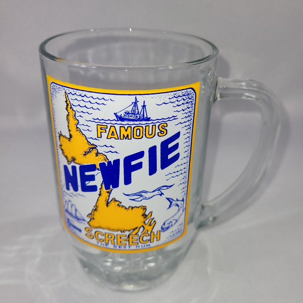 Newfie Screech Rum Newfoundland Canada Vintage Glass Beer Mug 5.5" Clear Bar Cup